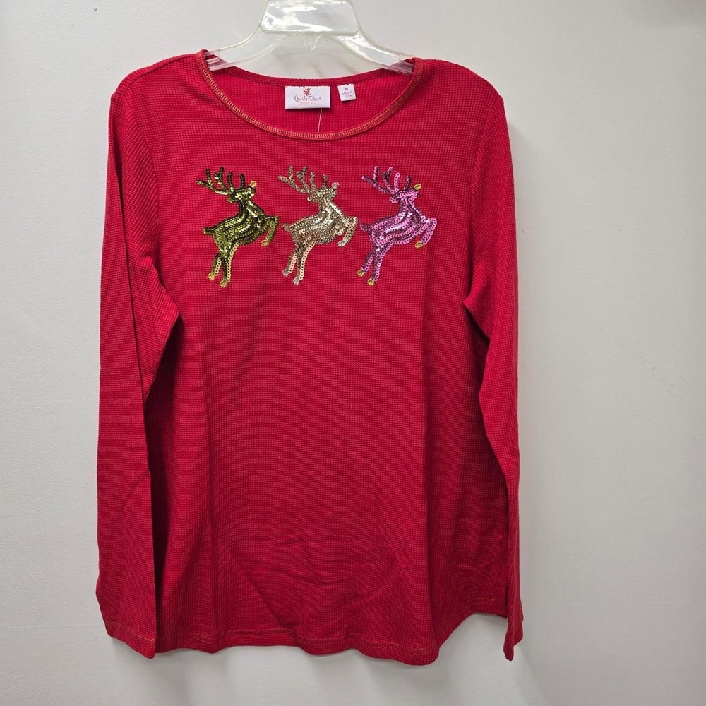 Quacker Factory Womens Red Sequin Reindeer Waffle Knit Pullover Sweater M